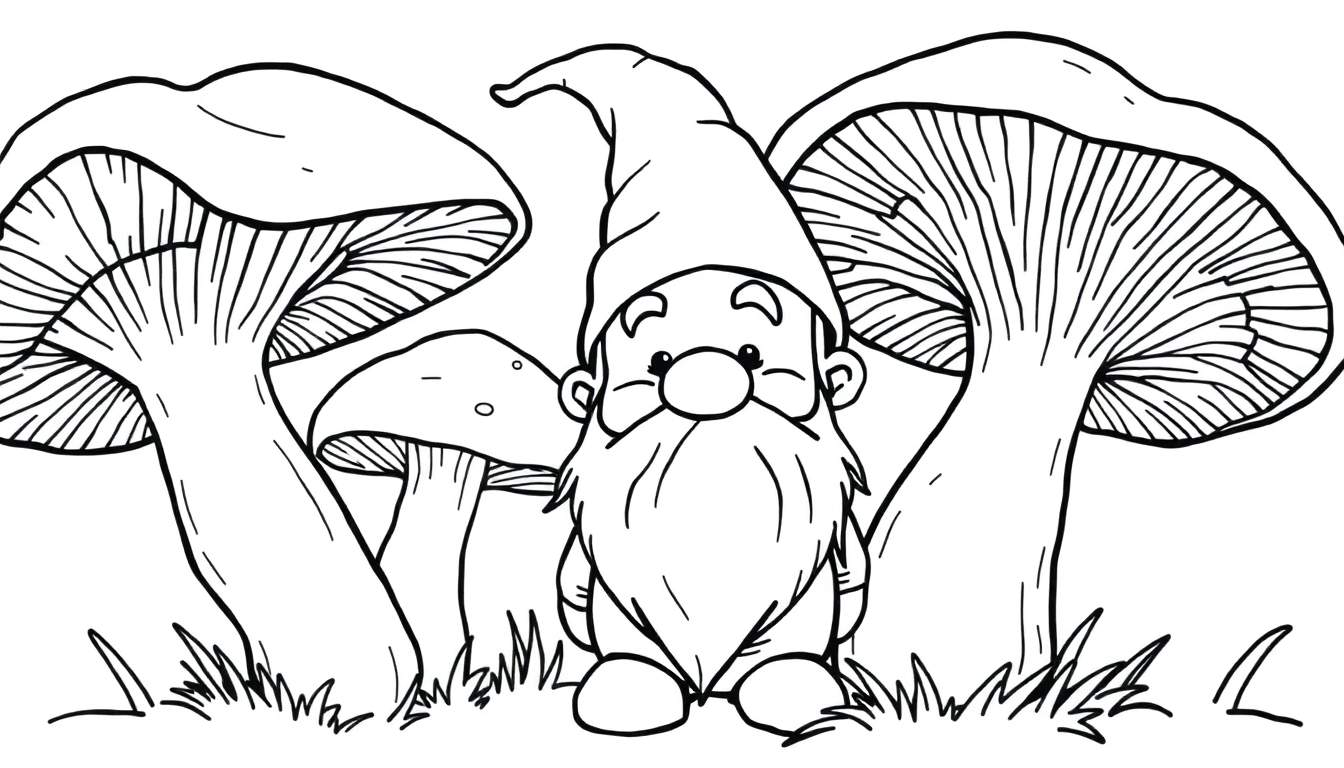 Página para colorir de um gnomo sorridente em uma floresta com cogumelos grandes.