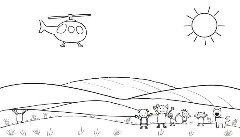 Desenho à mão de um helióptero no céu com sol, sobre colinas verdes com personagens fofinhos e um cão a acenar.