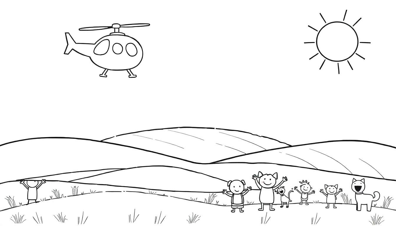 Desenho à mão de um helióptero no céu com sol, sobre colinas verdes com personagens fofinhos e um cão a acenar.