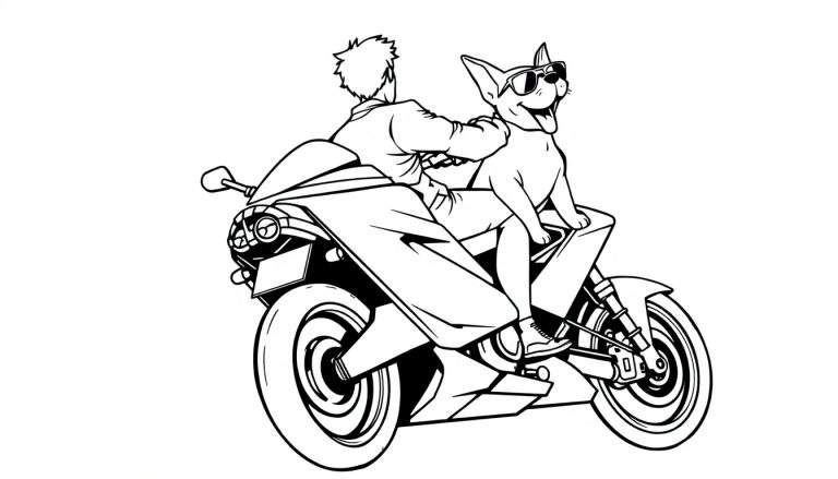 Página para colorir de um homem numa motocicleta com um cão de óculos de sol em frente.