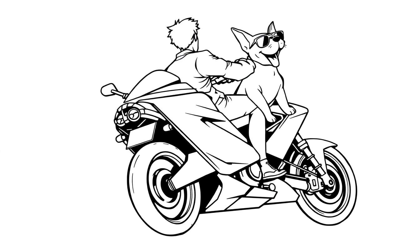 Página para colorir de um homem numa motocicleta com um cão de óculos de sol em frente.