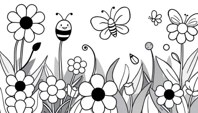 Página para colorir em preto e branco de um jardim com flores margaridas, botões de flores, uma abelha sorridente, duas borboletas e folhas. Um estilo simples e cartunesco.