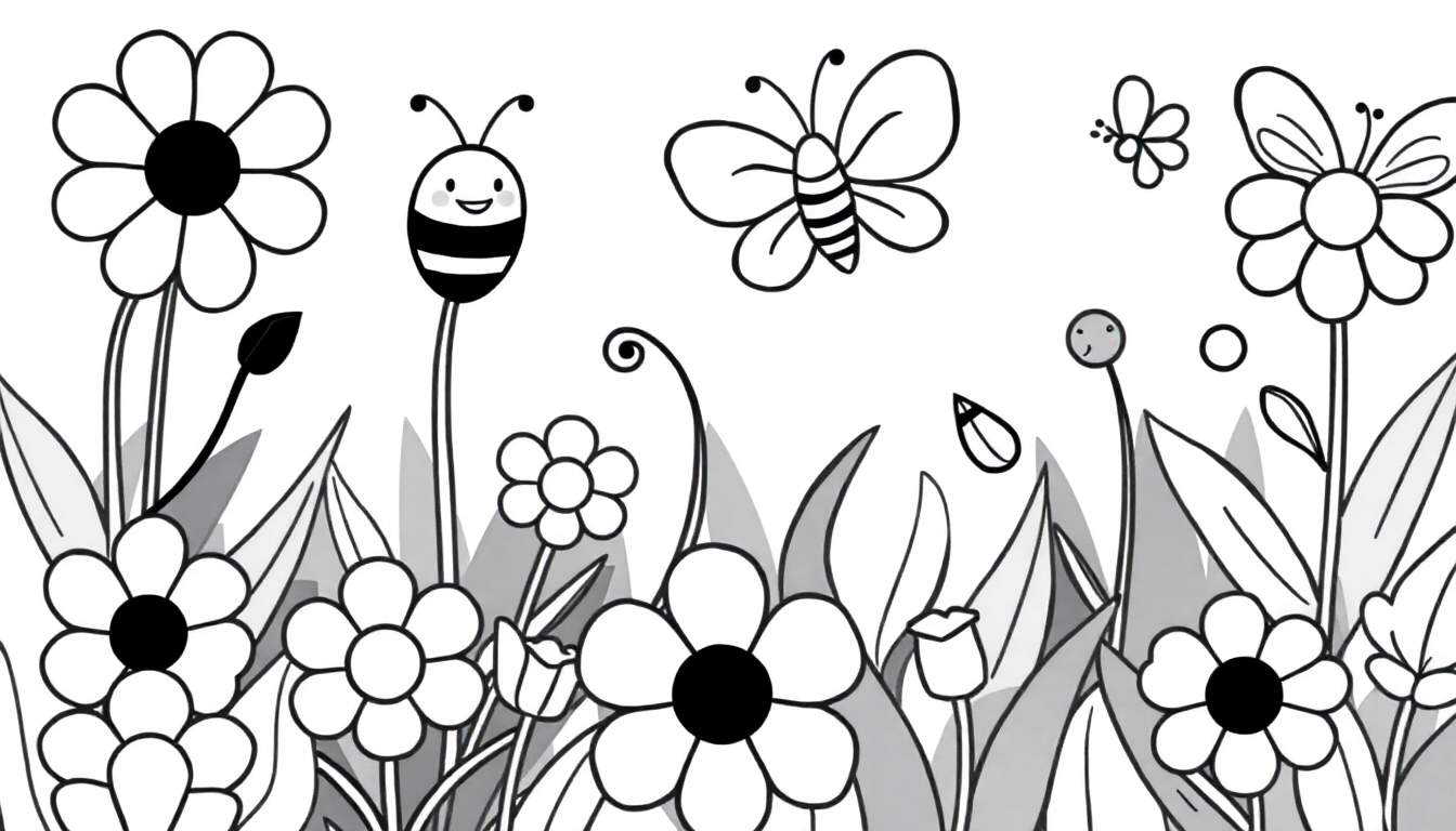 Página para colorir em preto e branco de um jardim com flores margaridas, botões de flores, uma abelha sorridente, duas borboletas e folhas. Um estilo simples e cartunesco.