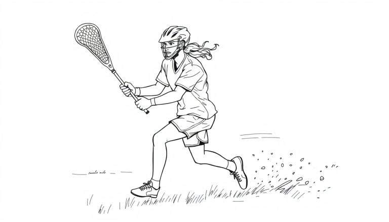Desenho de linha de uma jogadora de lacrosse a correr com o bastão, com cabelo comprido a voar e o chão a mostrar detritos em movimento.