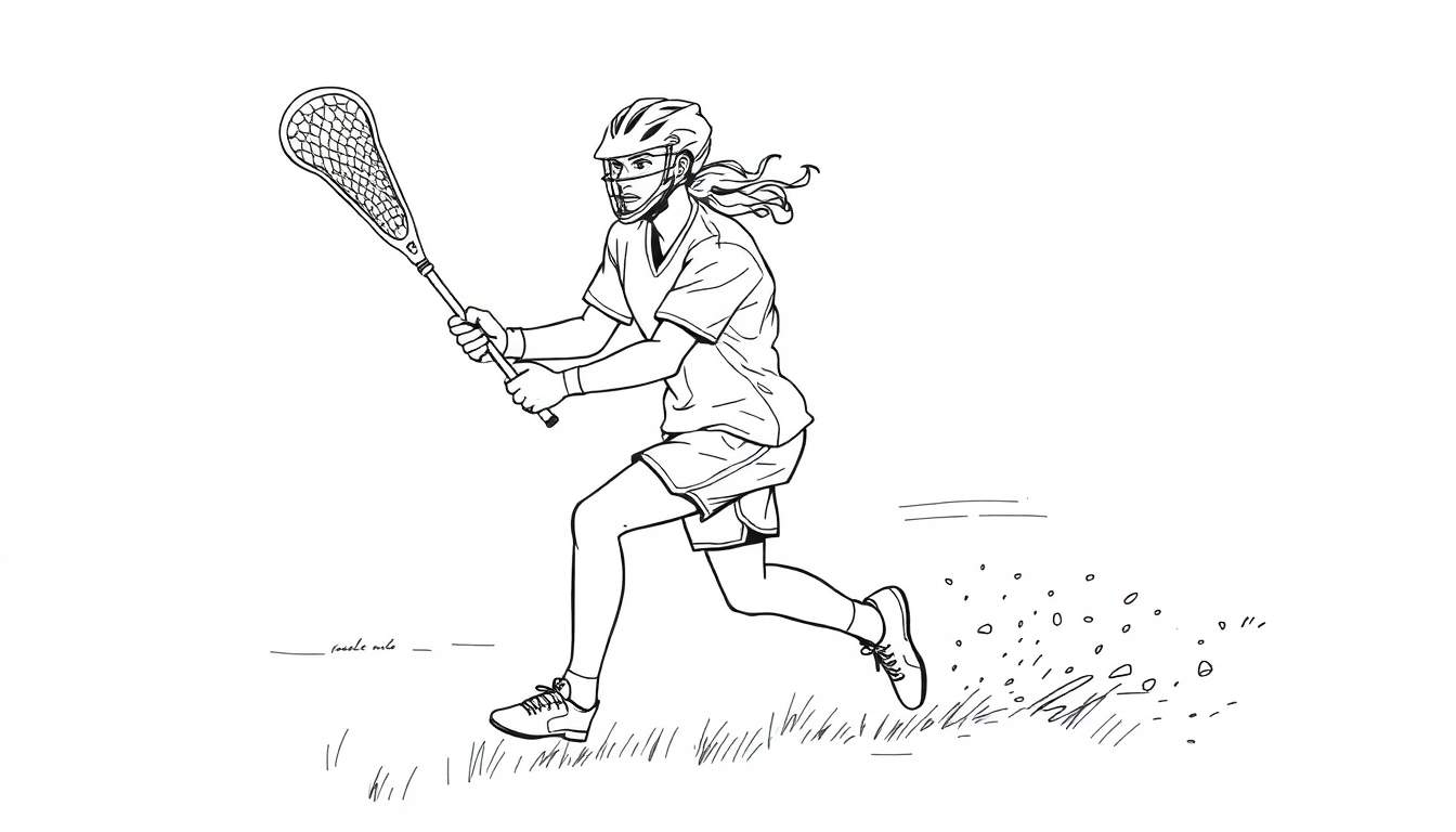 Desenho de linha de uma jogadora de lacrosse a correr com o bastão, com cabelo comprido a voar e o chão a mostrar detritos em movimento.