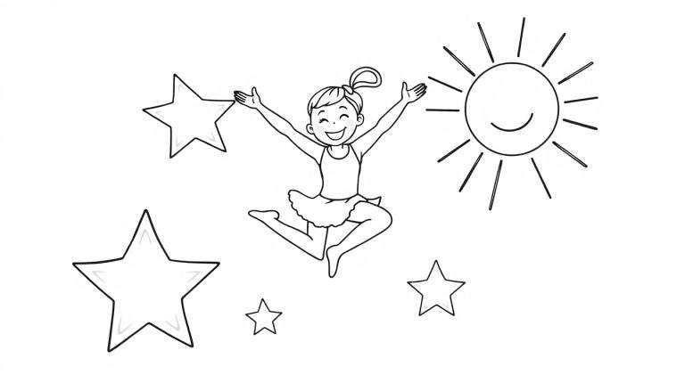 Página para colorir de uma menina feliz em traje de dança pulando com estrelas e um sol sorridente ao redor.