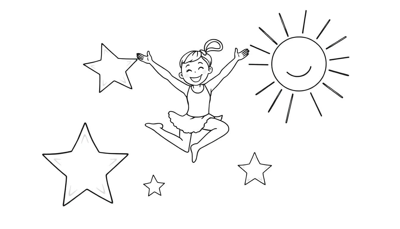 Página para colorir de uma menina feliz em traje de dança pulando com estrelas e um sol sorridente ao redor.