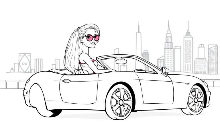 Desenho para colorir de uma mulher loira de óculos de sol cor-de-rosa a conduzir um descapotável branco com arranha-céus ao fundo.