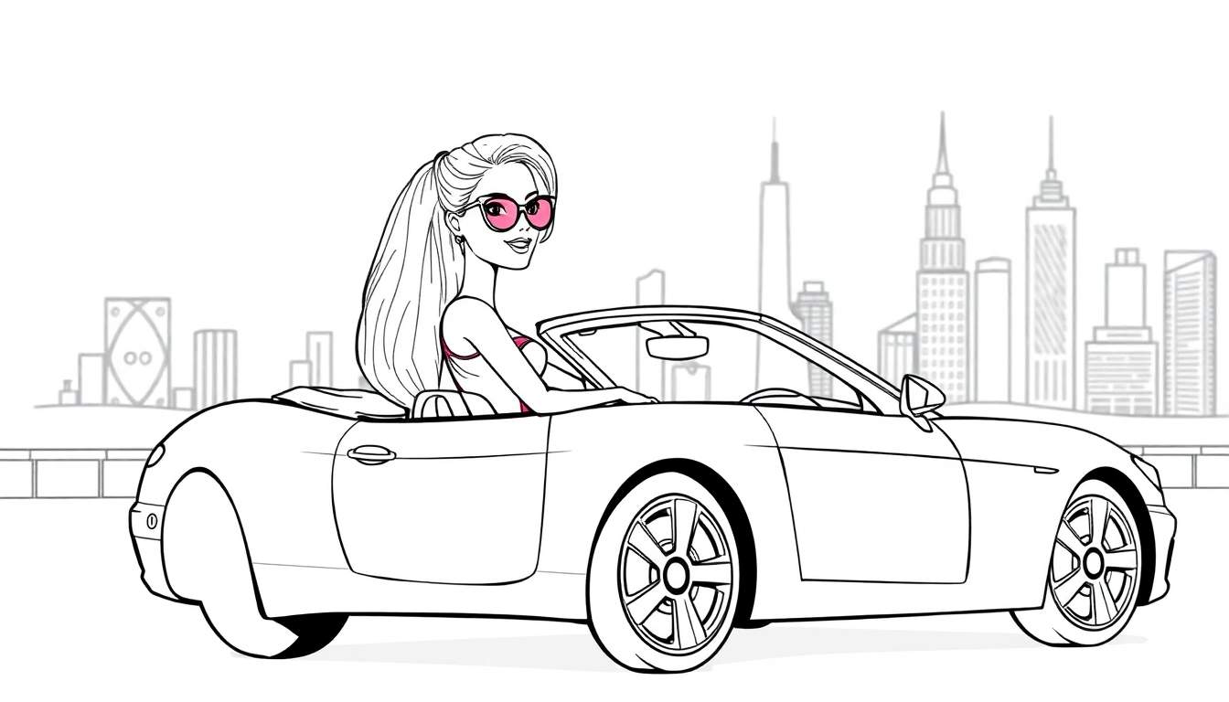 Desenho para colorir de uma mulher loira de óculos de sol cor-de-rosa a conduzir um descapotável branco com arranha-céus ao fundo.