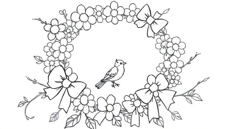 Página para colorir de um pássaro numa grinalda de flores com laços.