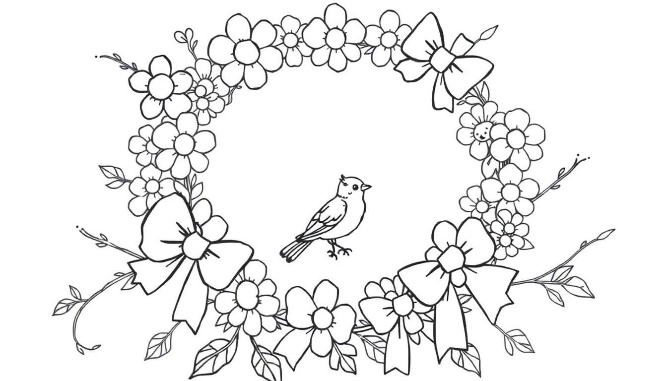 Página para colorir de um pássaro numa grinalda de flores com laços.