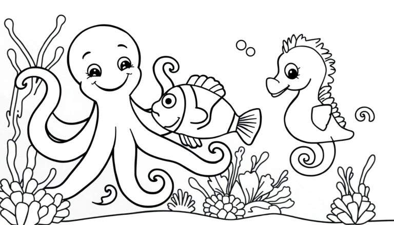 Desenho para colorir de um polvo, um peixe e um cavalo-marinho num ambiente marinho, com plantas e bolhas.