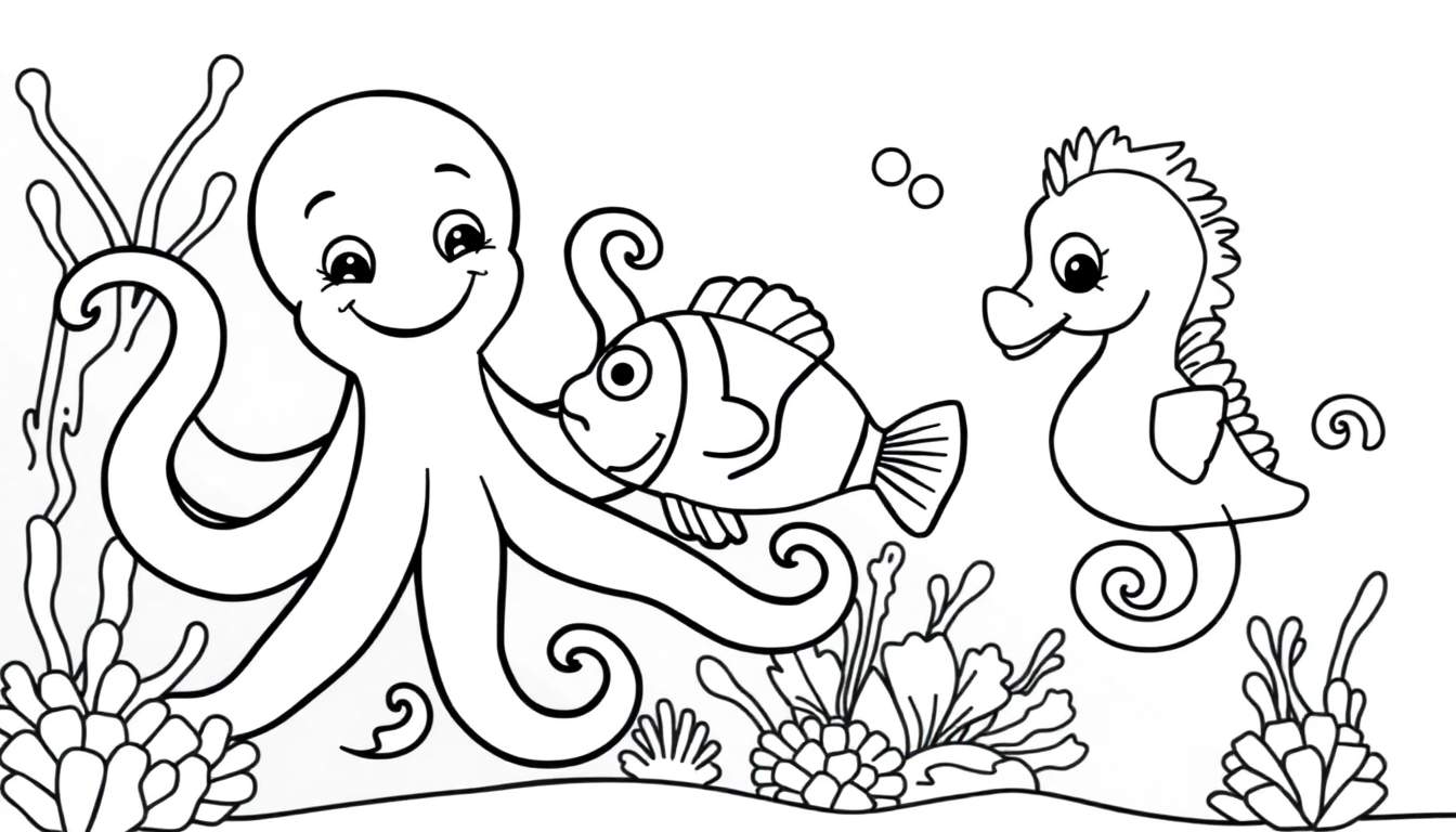Desenho para colorir de um polvo, um peixe e um cavalo-marinho num ambiente marinho, com plantas e bolhas.
