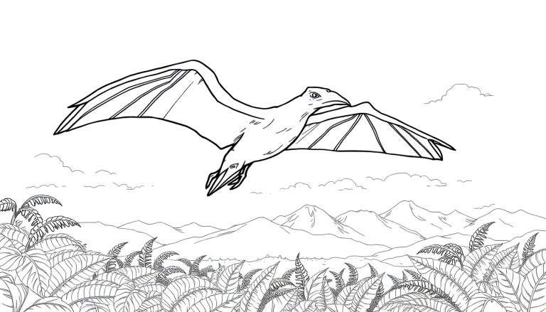 Desenho a preto e branco de um pterodáctilo a voar, com asas abertas, sobre montanhas e vegetação densa, com nuvens no céu.