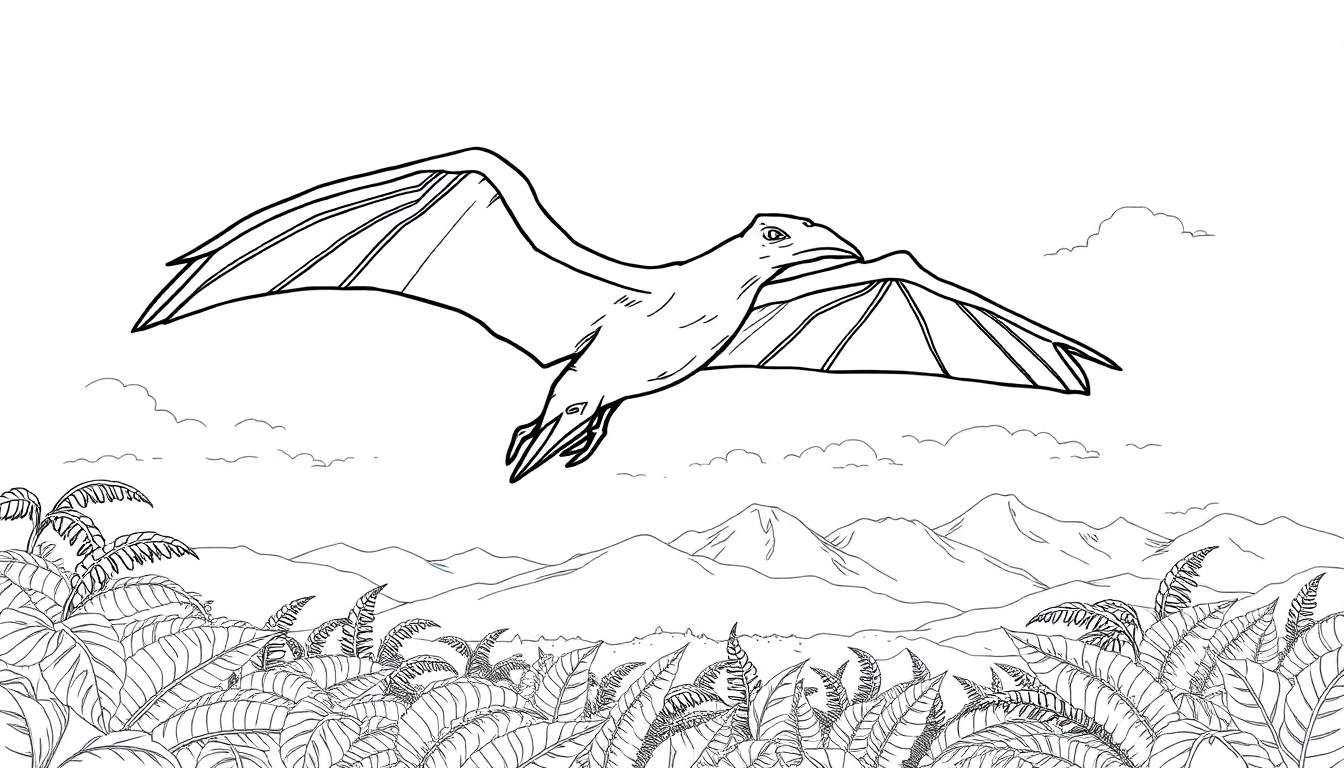 Desenho a preto e branco de um pterodáctilo a voar, com asas abertas, sobre montanhas e vegetação densa, com nuvens no céu.