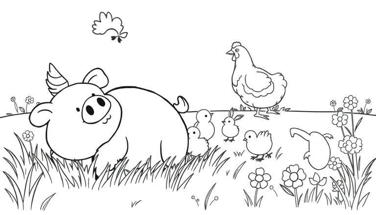 Página para colorir de um quintal com um porco, pássaro, pintinhos, coelho e galinha.