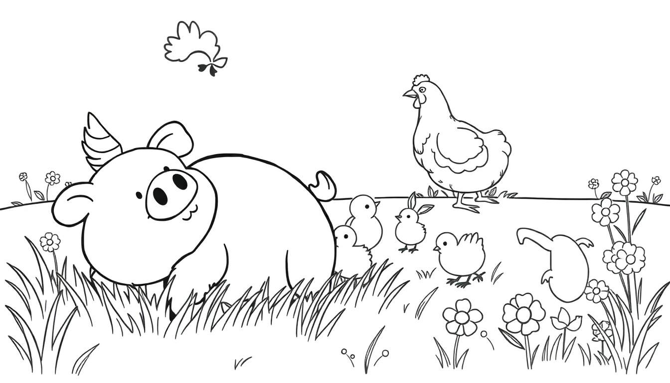 Página para colorir de um quintal com um porco, pássaro, pintinhos, coelho e galinha.