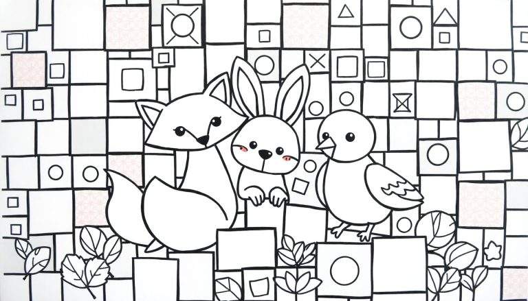 Página para colorir com raposa, coelho e pintinho sobre uma grade com flores e símbolos.