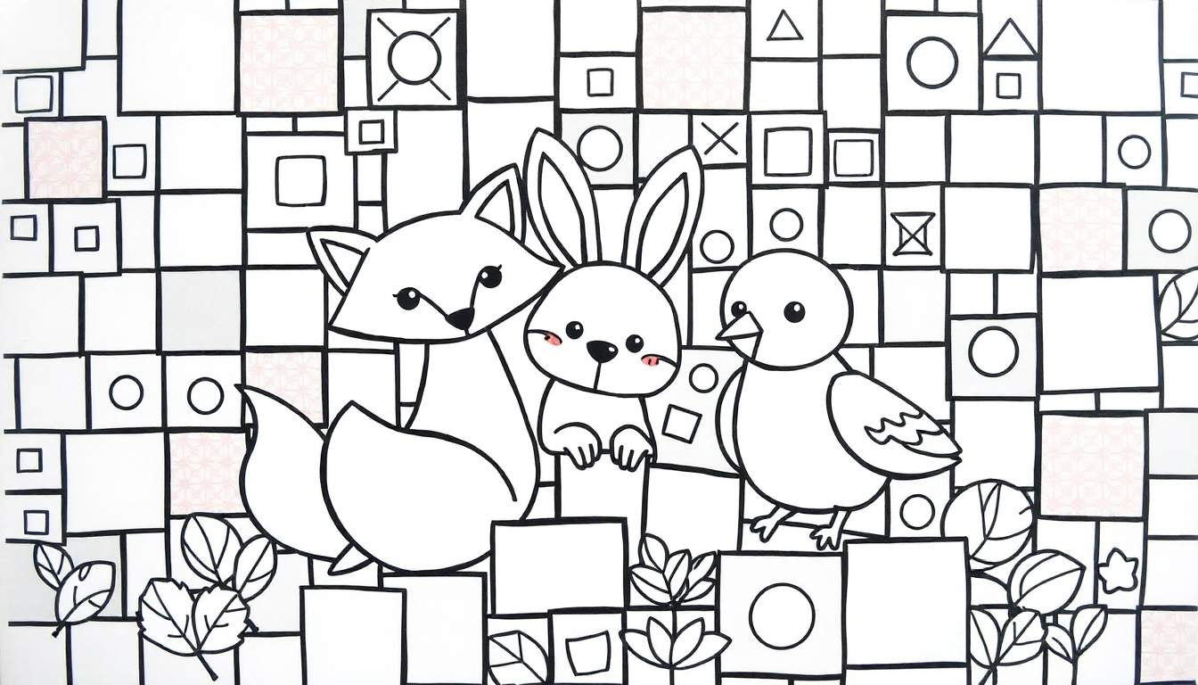 Página para colorir com raposa, coelho e pintinho sobre uma grade com flores e símbolos.