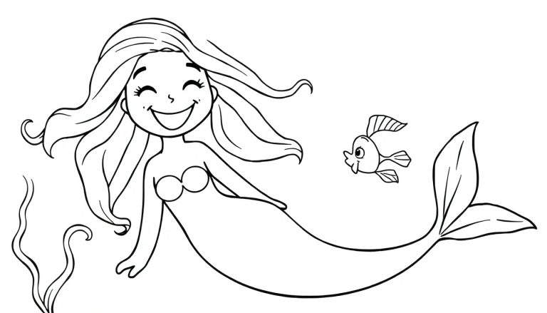 Desenho simples para colorir de uma sereia feliz com olhos fechados, top de conchas, cauda de peixe, um peixinho fofo e algas marinhas.