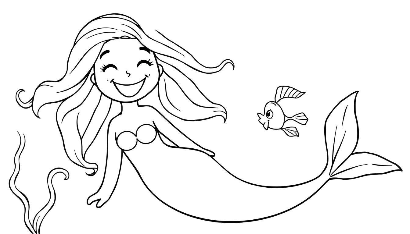 Desenho simples para colorir de uma sereia feliz com olhos fechados, top de conchas, cauda de peixe, um peixinho fofo e algas marinhas.