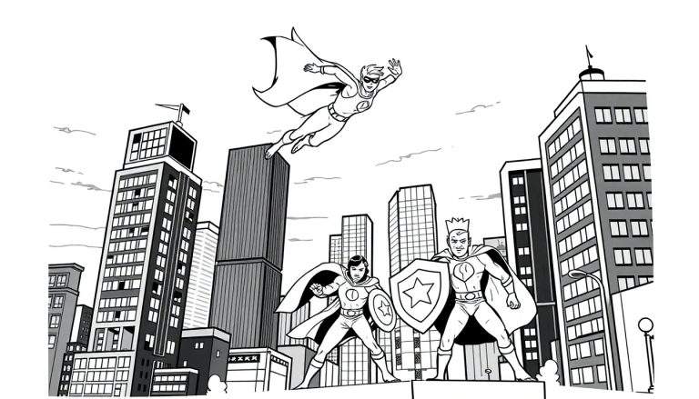 Página para colorir de três super-heróis, um a voar com capa e dois no chão com escudos, em frente a uma paisagem urbana moderna.