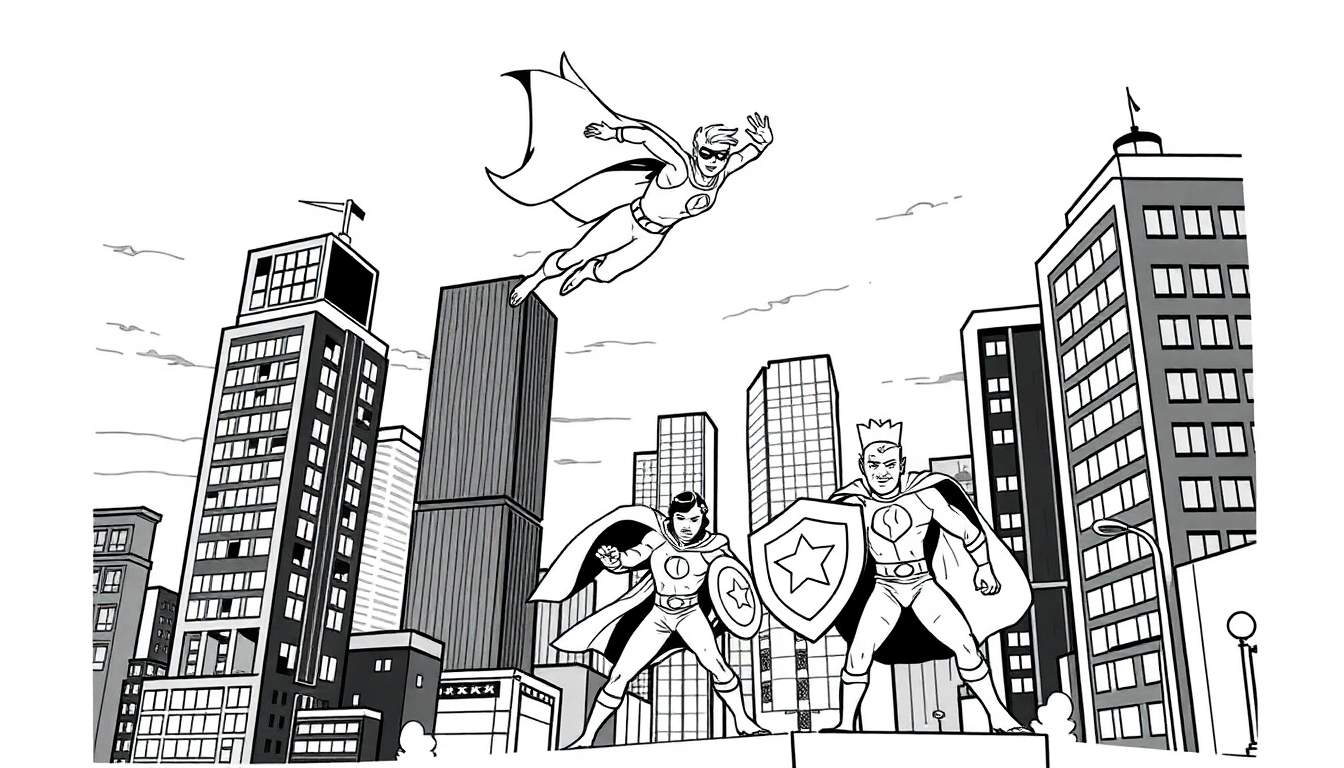 Página para colorir de três super-heróis, um a voar com capa e dois no chão com escudos, em frente a uma paisagem urbana moderna.