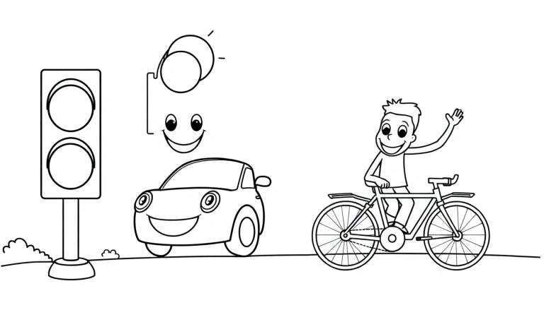 Página para colorir de cena de trânsito com semáforo, carro e menino em bicicleta.