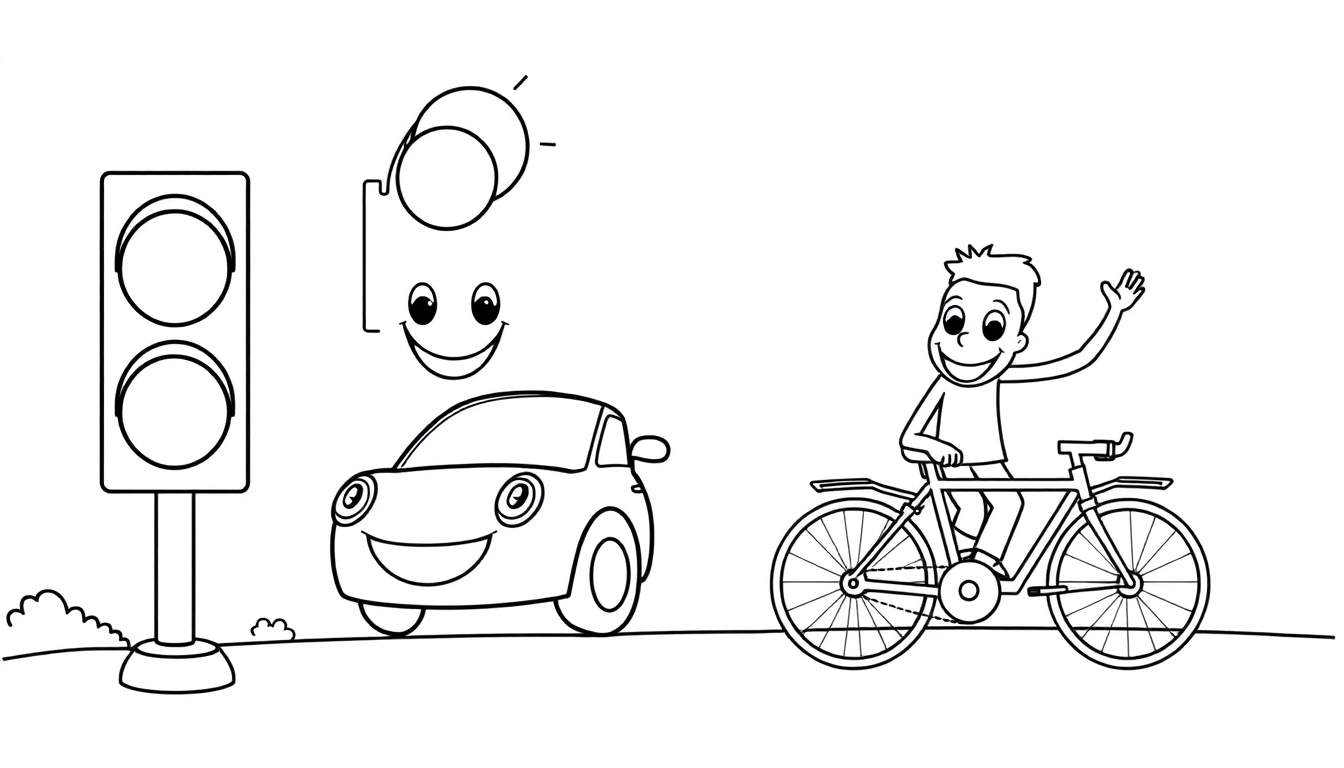 Página para colorir de cena de trânsito com semáforo, carro e menino em bicicleta.