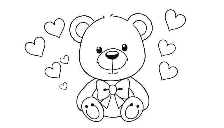 Desenho a preto e branco de um ursinho de pelúcia fofo sentado, com um laço no pescoço e cercado por corações de vários tamanhos, pronto para ser colorido por crianças.