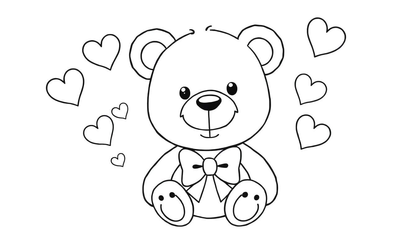 Desenho a preto e branco de um ursinho de pelúcia fofo sentado, com um laço no pescoço e cercado por corações de vários tamanhos, pronto para ser colorido por crianças.