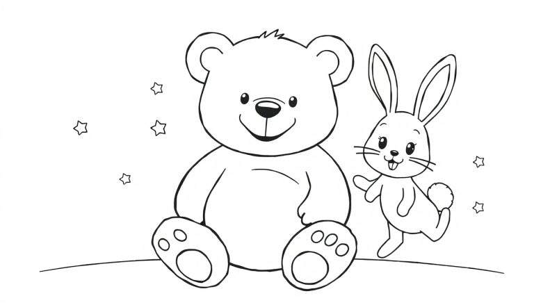 Desenho em preto e branco de um urso de pelúcia e um coelho sentados lado a lado, com estrelas no fundo, prontos para serem coloridos.