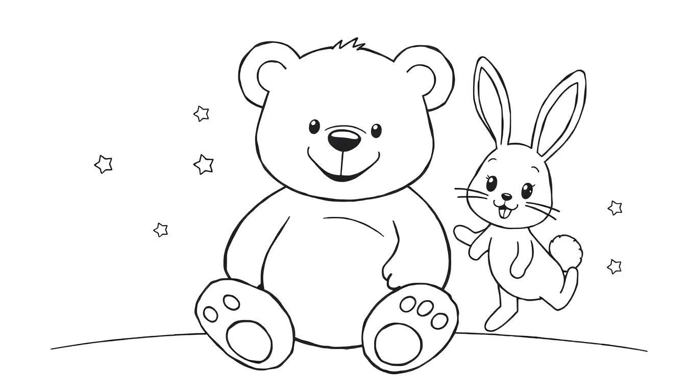 Desenho em preto e branco de um urso de pelúcia e um coelho sentados lado a lado, com estrelas no fundo, prontos para serem coloridos.