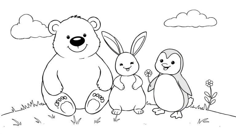 Página para colorir de um urso polar, coelho e pinguim sentados juntos na relva com flores, sob um céu com duas nuvens.