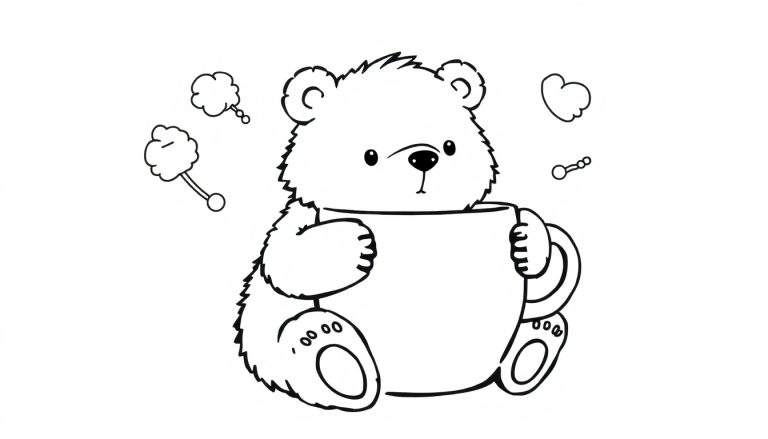 Página para colorir de um urso de pelúcia fofo e sonolento sentado com uma caneca, adornado com nuvens, um chocalho e um coração.