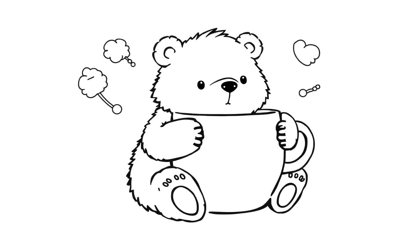 Página para colorir de um urso de pelúcia fofo e sonolento sentado com uma caneca, adornado com nuvens, um chocalho e um coração.
