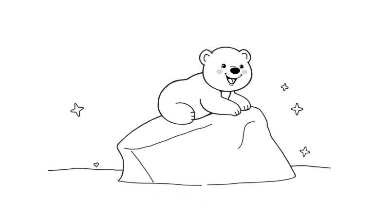 Ilustração a traço de um urso polar branco de desenho animado sentado numa rocha, com um sorriso feliz e bochechas rosadas. Estrelas e um coração estão desenhados ao fundo.