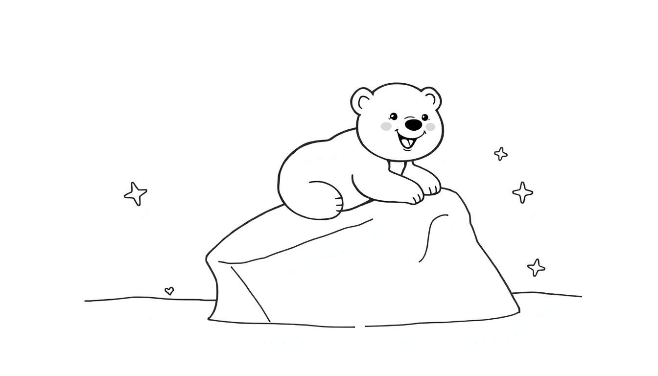 Ilustração a traço de um urso polar branco de desenho animado sentado numa rocha, com um sorriso feliz e bochechas rosadas. Estrelas e um coração estão desenhados ao fundo.