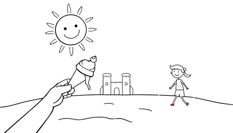 Página para colorir de verão com sol feliz, sorvete, menina e castelo de areia.