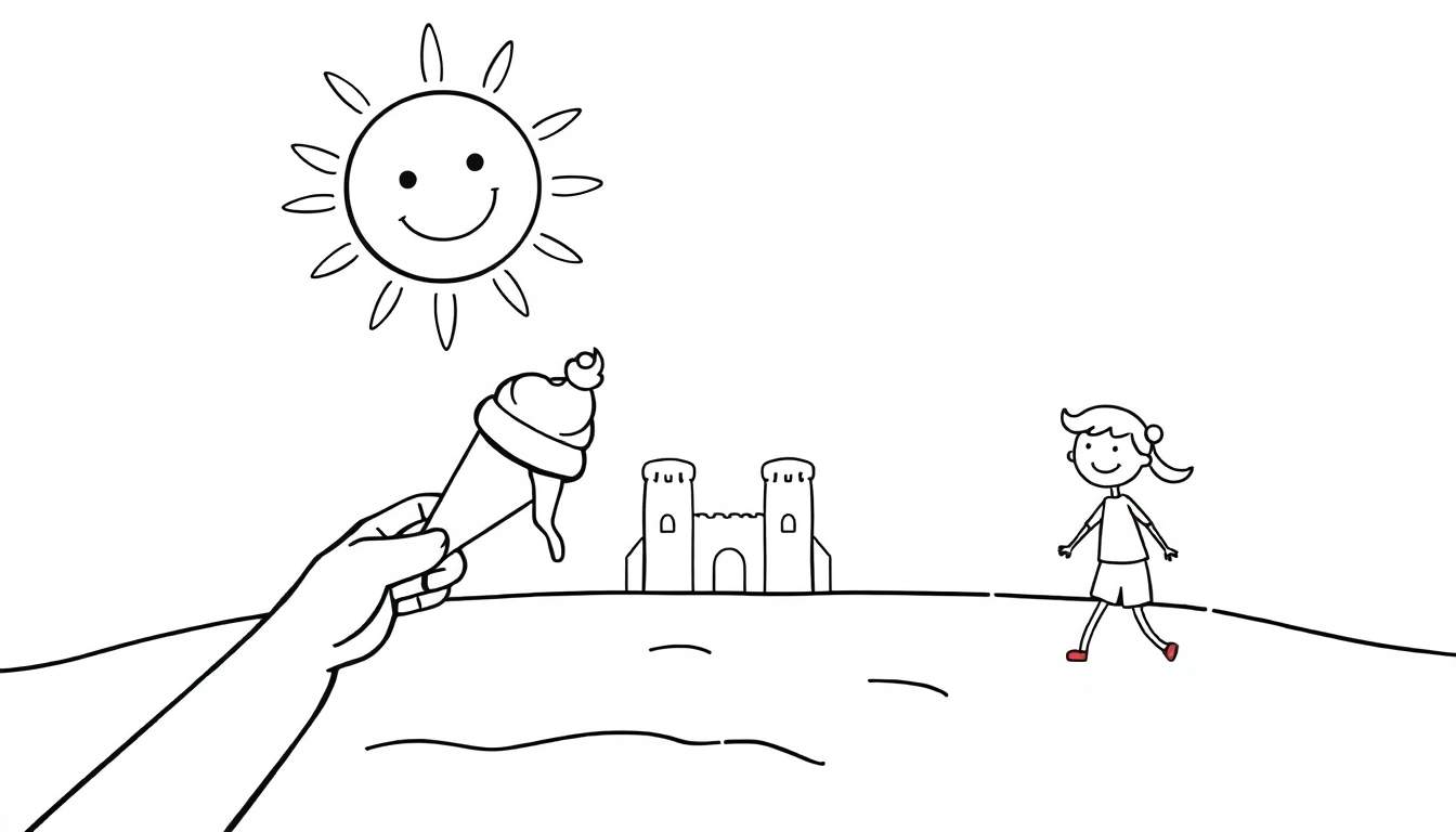 Página para colorir de verão com sol feliz, sorvete, menina e castelo de areia.