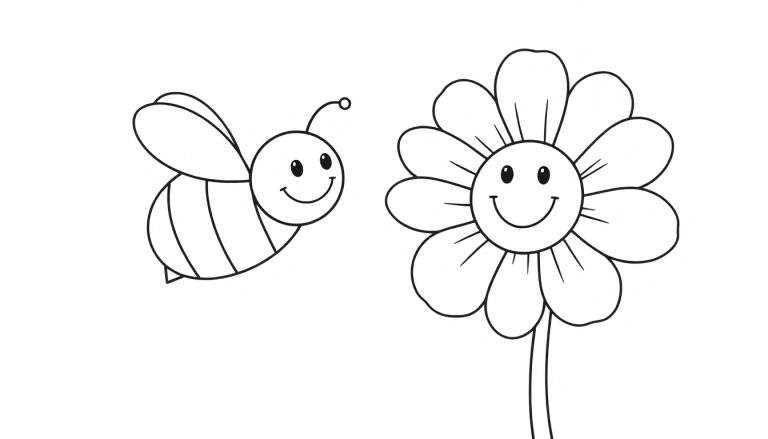 Desenho para colorir de uma abelha amigável com asas abertas voando em direção a uma flor feliz.