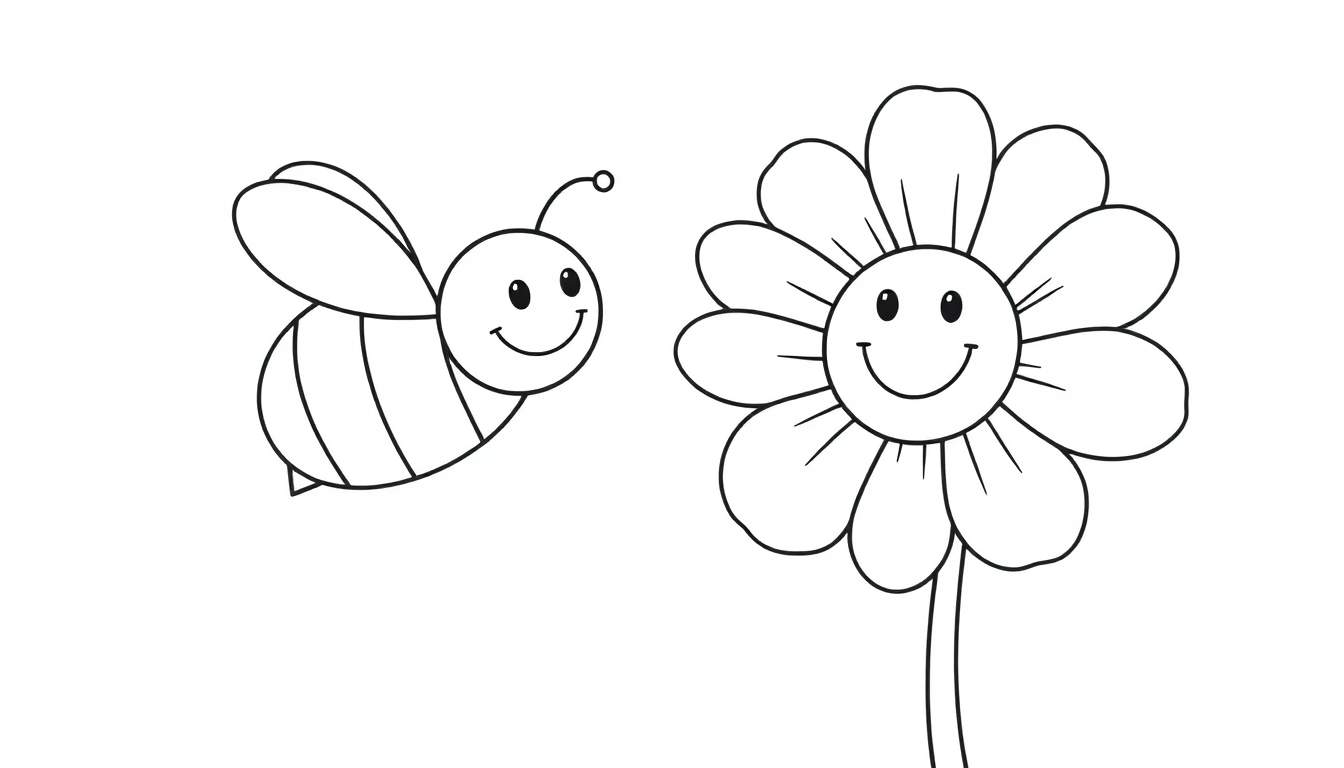 Desenho para colorir de uma abelha amigável com asas abertas voando em direção a uma flor feliz.