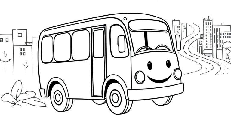 Desenho a preto e branco de um autocarro de estilo cartoon com um sorriso, num cenário urbano com edifícios e colinas, pronto a ser colorido.