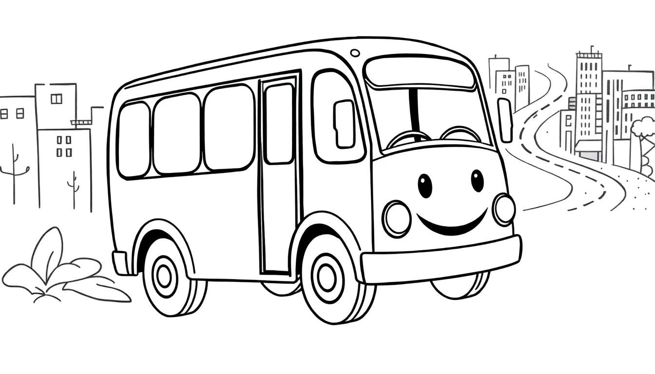 Desenho a preto e branco de um autocarro de estilo cartoon com um sorriso, num cenário urbano com edifícios e colinas, pronto a ser colorido.