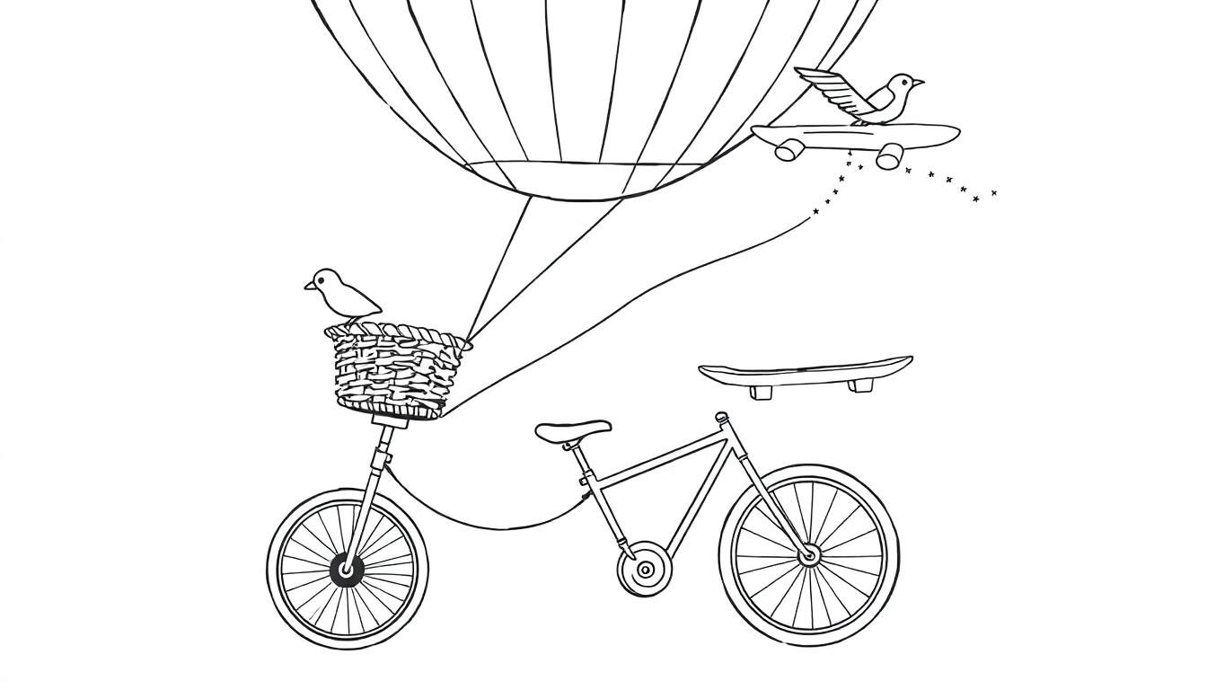 Página para colorir com um balão de ar quente, bicicleta, cesto, duas pranchas de skate e duas aves.