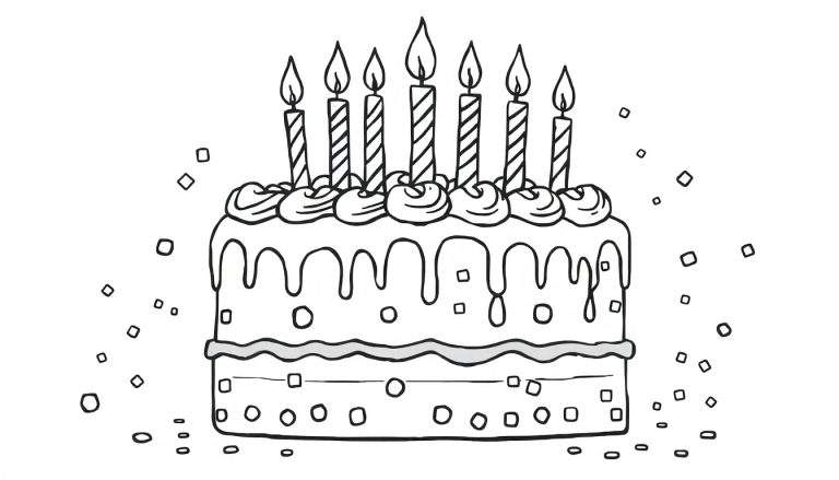 Página para colorir de um bolo de aniversário de dois andares com sete velas acesas, glacê escorrendo e confetes.
