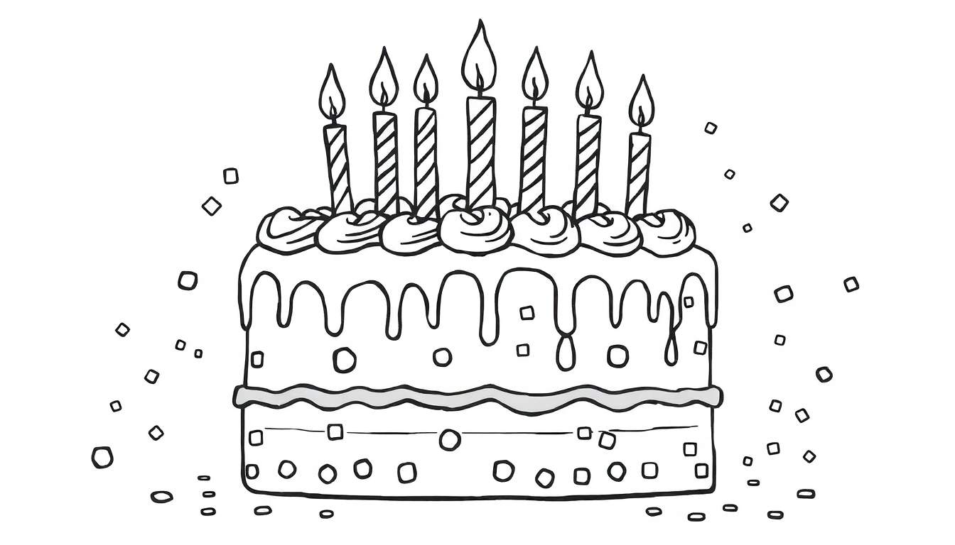 Página para colorir de um bolo de aniversário de dois andares com sete velas acesas, glacê escorrendo e confetes.