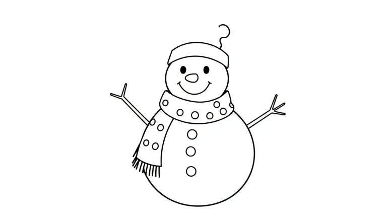 Desenho a preto e branco de um boneco de neve para colorir com cachecol de círculos e franjas, chapéu com gancho, nariz cenoura e braços de galho.