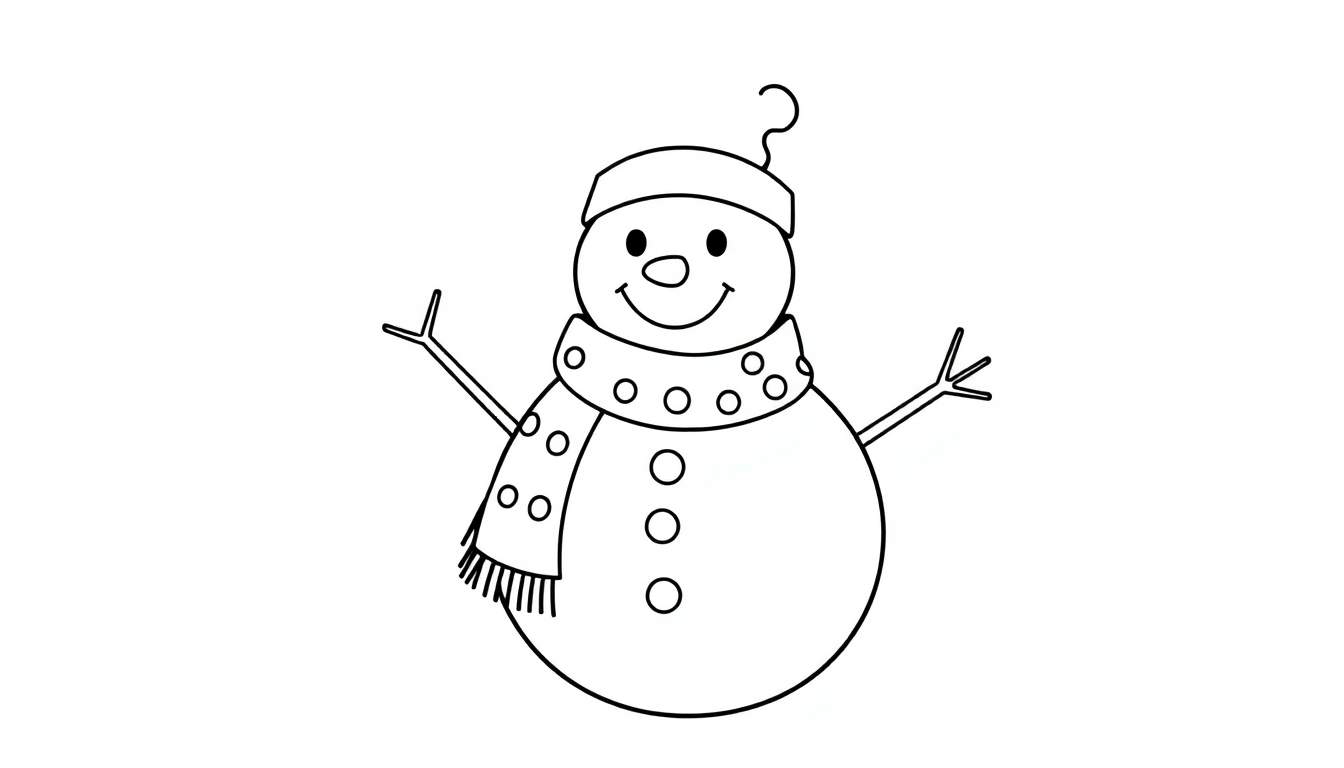 Desenho a preto e branco de um boneco de neve para colorir com cachecol de círculos e franjas, chapéu com gancho, nariz cenoura e braços de galho.