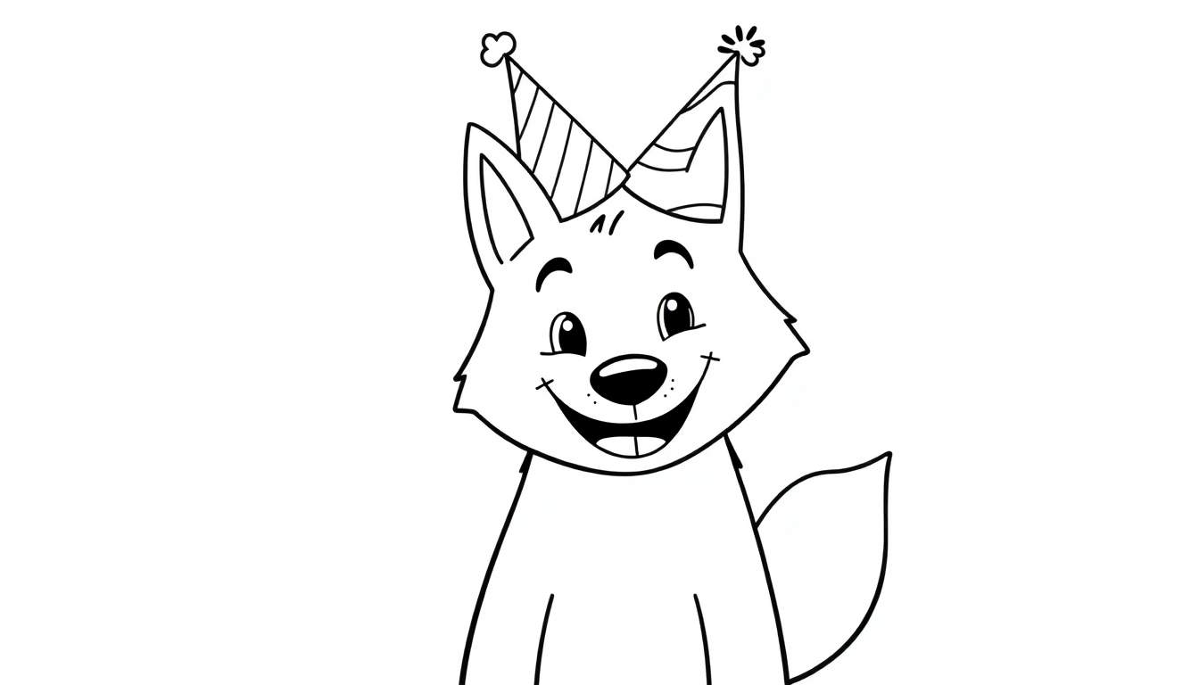 Página para colorir de um cão sorridente usando vários chapéus de festa coloridos.